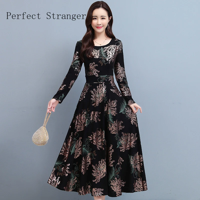 

2020 Autumn New Arrival Plus Size M-3XL Round Collar Flower Printed Long Sleeve Women Long Dress