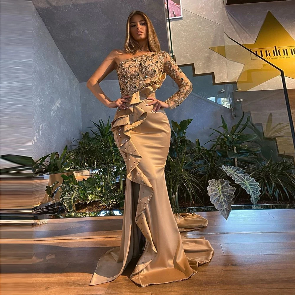 

Luxury Evening Dresses Pleat Beading Crystal Square Collar One-Shoulder Zipper Mermaid Gowns Noiva Do 2021 New Party