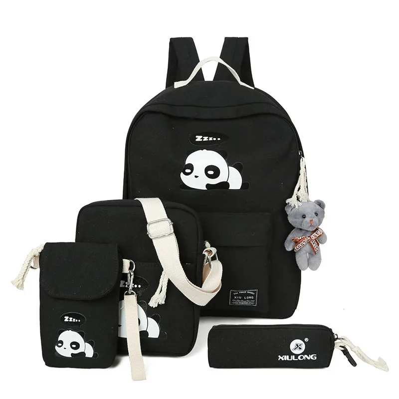 4piece Canvas Cartoon Panda Printing Backpacks Thicken / Set Backpack Women Female Bag High-quality School Bags For Teen