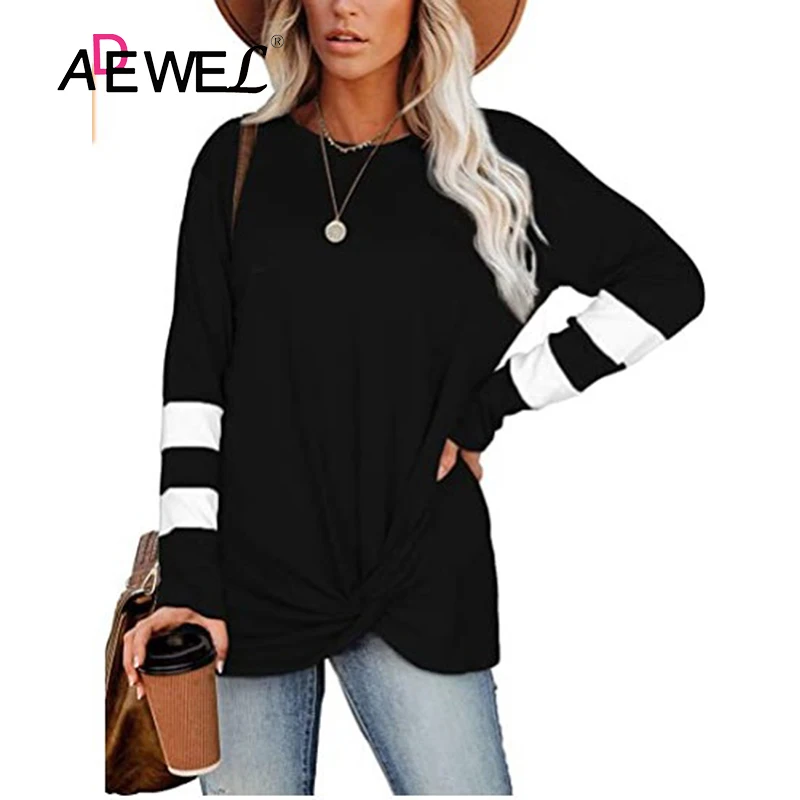 

ADEWEL 2020 осень и зима с круглым вырезом и длинными рукавами, повседневная простроченная футболка, топ, женская одежда