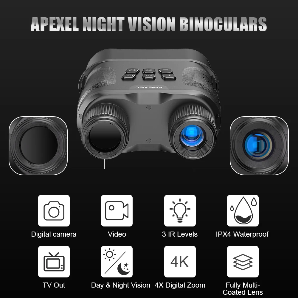 APEXEL-binoculares digitales de visión nocturna HD con pantalla LCD infrarroja (IR), dispositivo de zoom impermeable para grabación de vídeo de caza