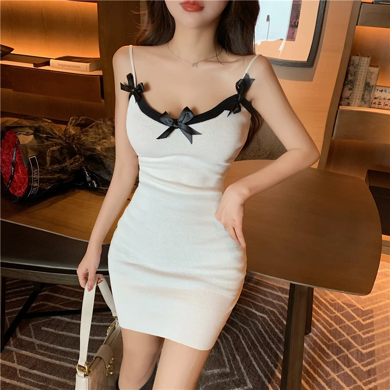 

Sweet Bowkots Camis Mini Dresses Girls Slim Stretchy Knit Sheath Tank Dress For Woman 2021 Summer Real Photos