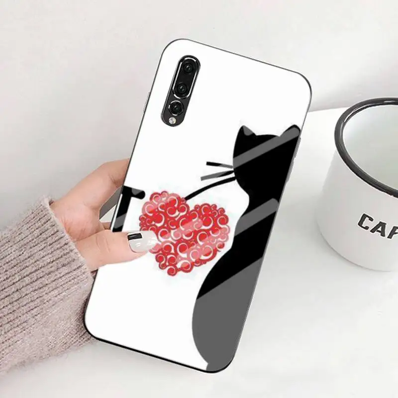 

Cute Black Cat Phone Case Tempered Glass For Huawei P9 10 10plus 20 20Pro 30mate9 10 20 20Pro Honor8X 9 10 V10 Nova3I 5