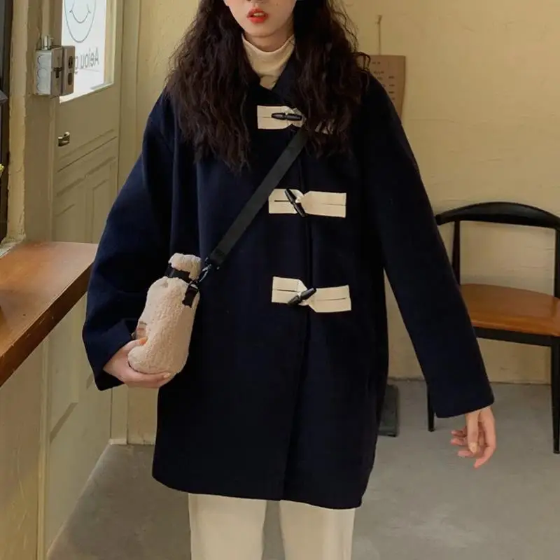 

Женское повседневное шерстяное пальто, свободное темно-синее пальто средней длины на пуговицах, с густыми пуговицами, сезон осень-зима