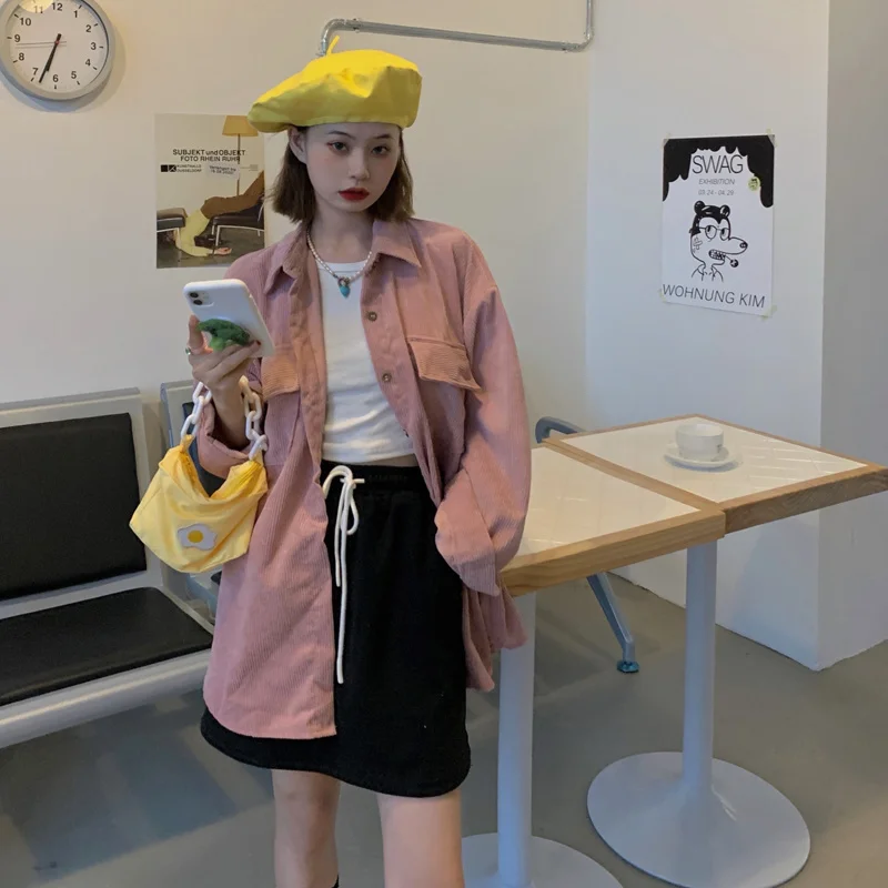 Женская Вельветовая рубашка в стиле ретро свободная средней длины | одежда