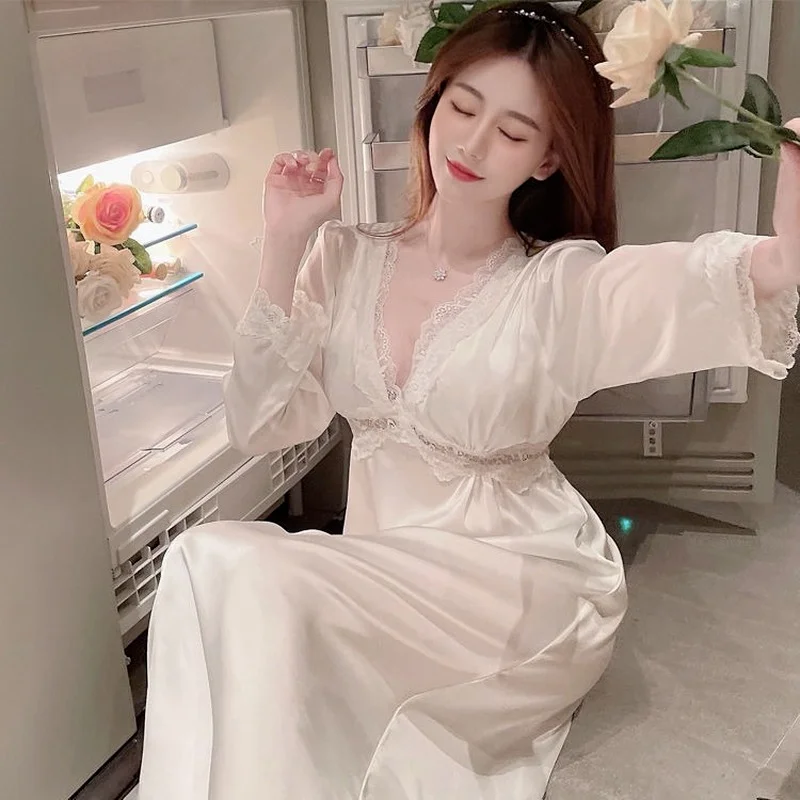 QWEEK Night Dress Women Sleepwear Pink White Solid Color Nightgowns V Neck Lace Sexy Sleep Dress Sleepshirts Knee Length Autumn
