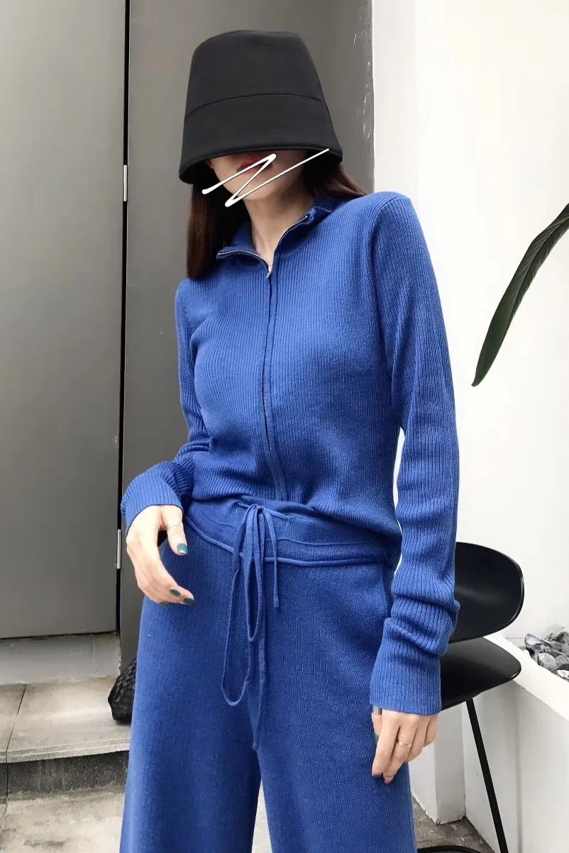 

2020 Real Drawstring Full Autumn New Knit Suit Women's Fashion Cardigan Zipper Sweater And Drape Wide-leg Pants Two-piece Trend
