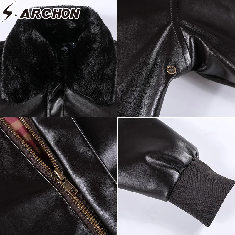 

S.ARCHON Air Force Fur Collar Jacket Men Pu Leather Thicken Windproof Polit Jacket Causal Streewear Motorcycle Military Jacket