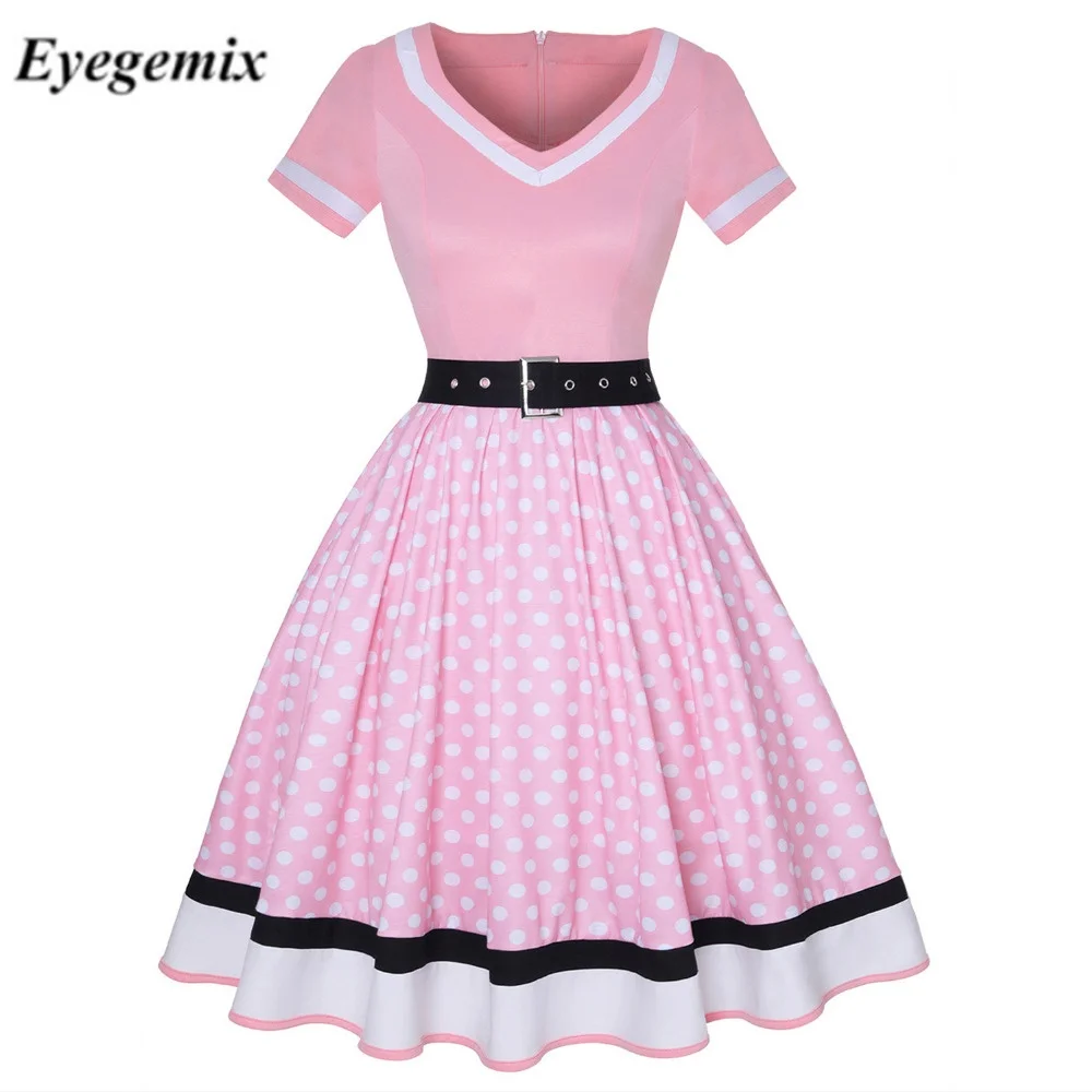Женское винтажное платье в горошек с поясом V-образным вырезом и коротким рукавом