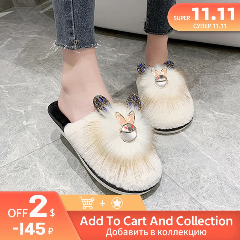 

Winter Women Slippers Faux Fur Home Cozy Furry Slides Comfortable Open Toe Designer Fluffy Black Plush Warm House Women Shoes