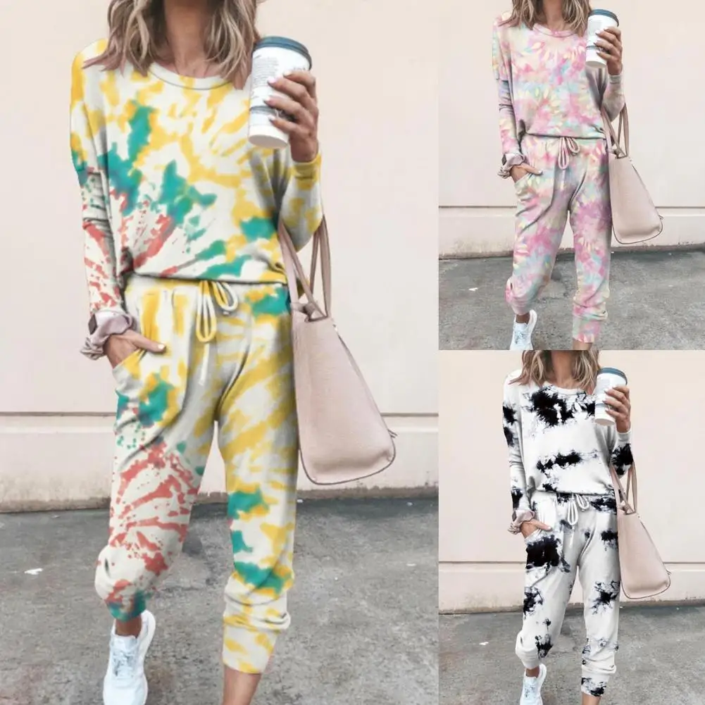 

O-Neck Pockets Women Outfit Two Piece Set Tie Dye Long Sleeve Sweatshirt Pants Set Ladies Clothing