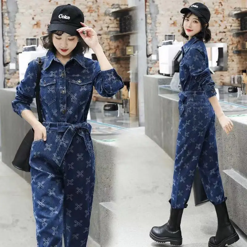 

Autumn and Winter Women's Tooling Jeans Fashion Jumpsuits Geometric Printed Denim One-Piece Pants
