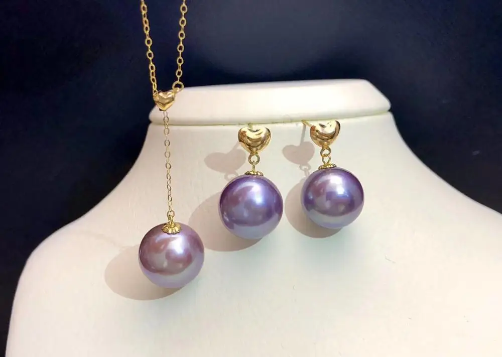 HENGSHENG 18K Gold Necklace/Earrings 10-11mm Edison Freshwater Rould Pearls Deep Purple Pearls Fine Jewelry Set For Women