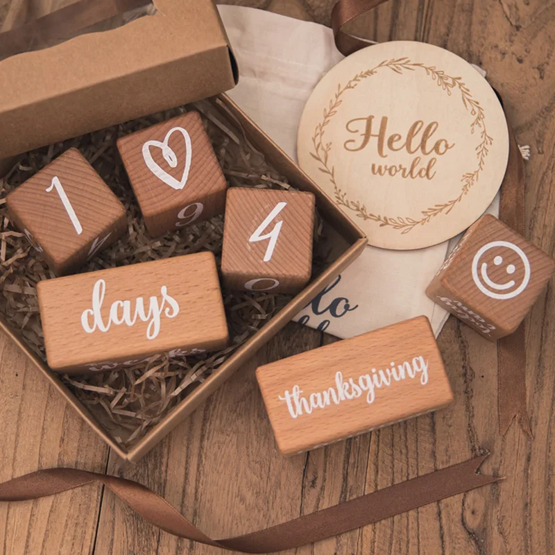 Juego de tarjetas de hitos para beb&eacute;, bloque de madera Con caja para conmemorar el nacimiento del beb&eacute;, utiler&iacute;a para fotograf&iacute;a de reci&eacute;n nacido, 1Set-4