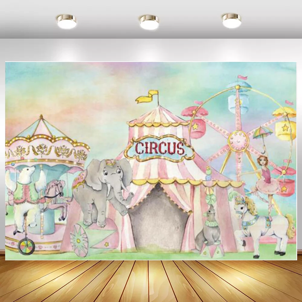 

Circus Theme Party Stage Photo Background Newborn Baby Shower 1st Birthday Elephant Cartoon Backdrop For Table Decor