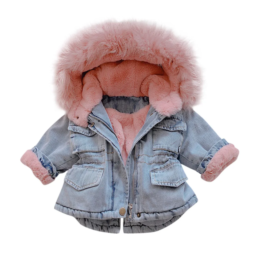 Pink Г. Модная одежда для малышей; флисовое теплое плотное джинсовое пальто с капюшоном и искусственным мехом для девочек; Верхняя одежда с длинными рукавами; manteau fille - Color: Pink