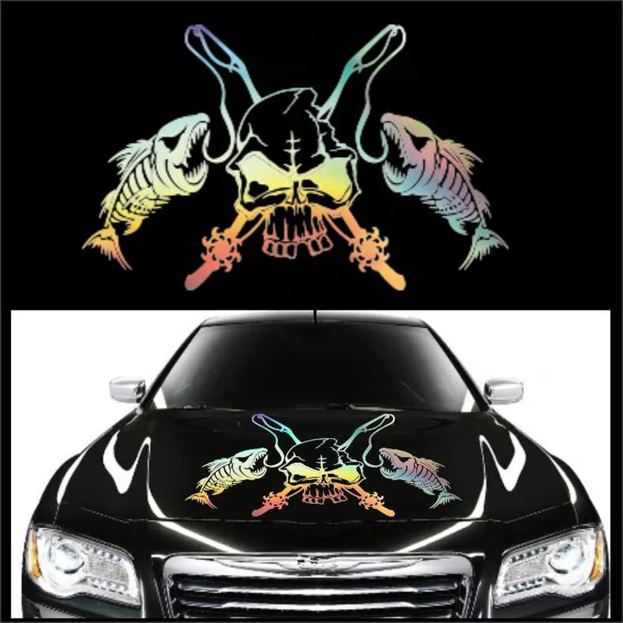 

Vinyl Decal Sticker Laser Colorful Fishing Skull Skeleton Fish Rod Hook Car Boat Sticker