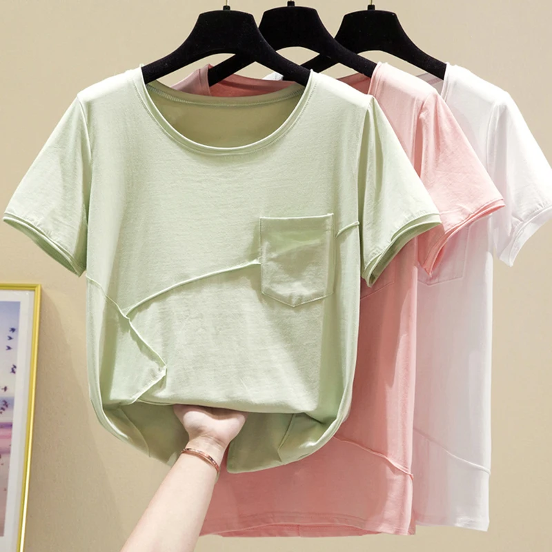Summer Pockets T Shirt Women Tops O-Neck Harajuku Woman Tshirts Korean Clothes Short Sleeve Casual Loose Tee Shirt Female 2021