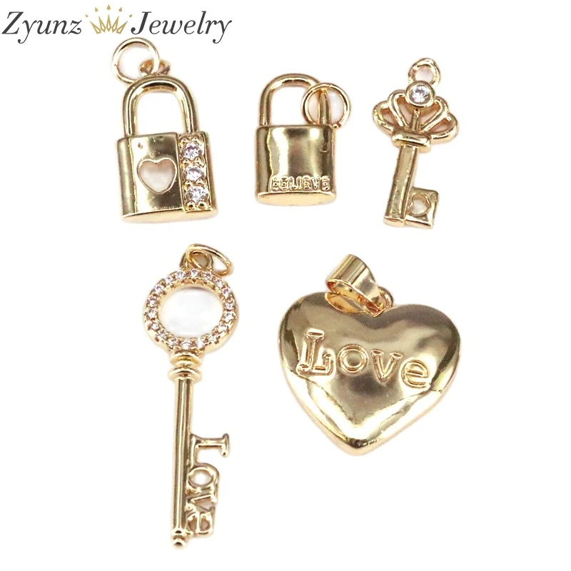 10 шт., золотые подвески с замком в виде сердца, подвески, серьги, браслеты, ожерелья, ювелирные изделия
