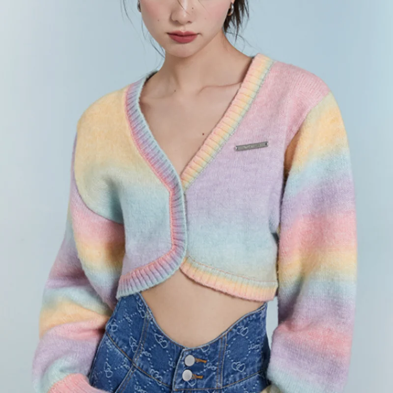 

Rainbow Knitted Cardigan Sweater Women Sweet Patchwork Slim Short Coat Female Casual Korean Fashion Knitwear Sweater 2021 Autumn