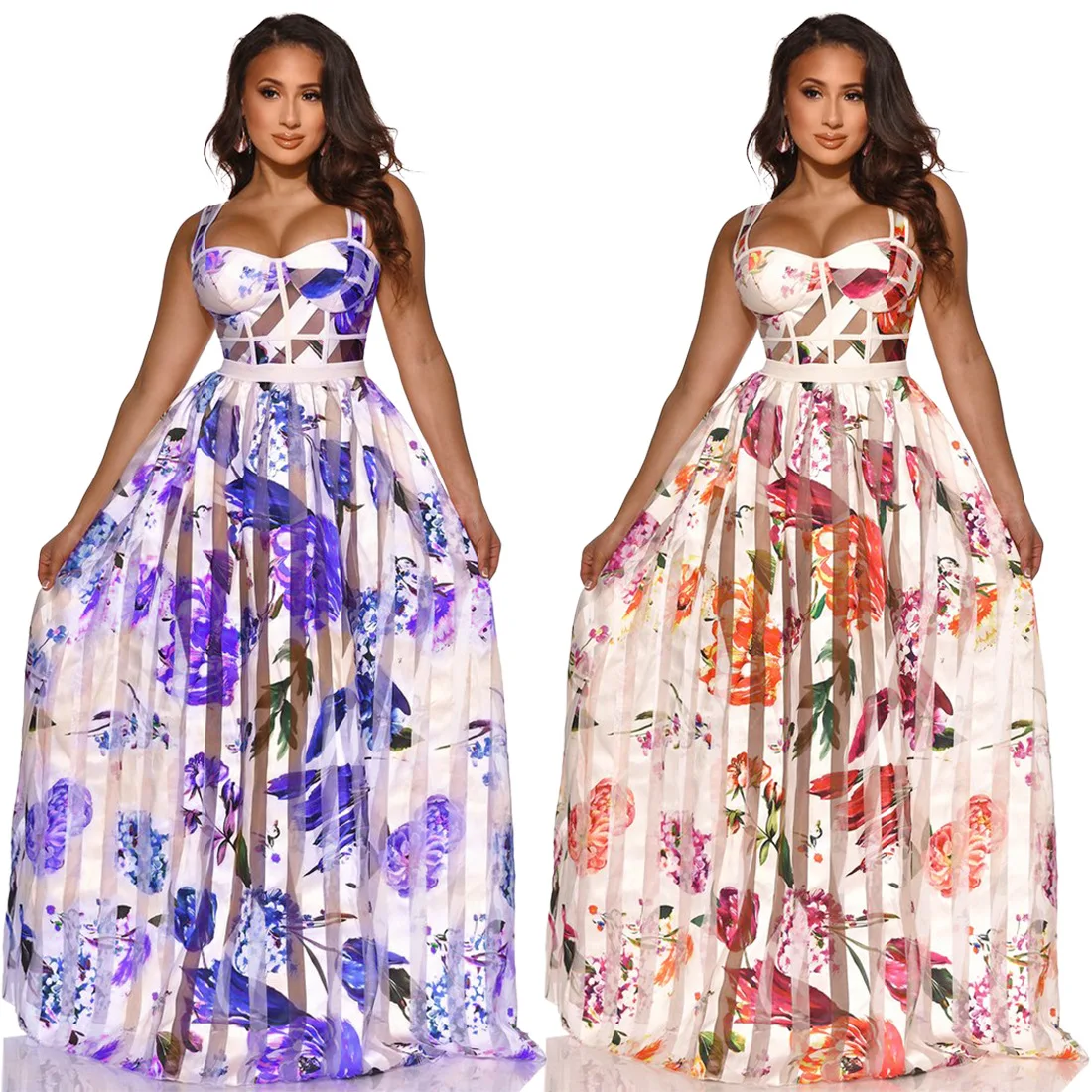 Women Beach Cover Ups Long Plus Size Swimwear Cover Up Dress Tunic Summer Swimsuits Kaftan Playa Pareo Strap Printing Floral