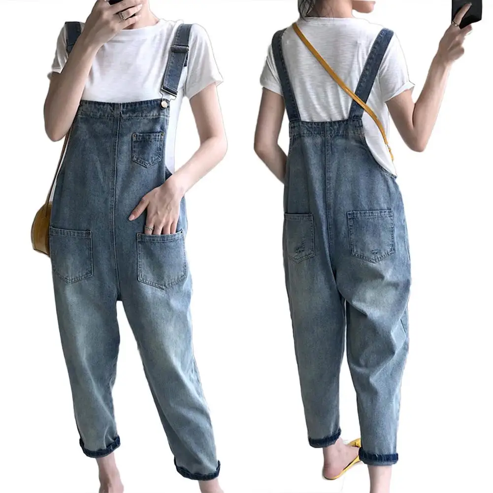 

Casual Women Pockets Loose Suspender Denim Overall Dungarees Ninth Trousers Jean Jumpsuits Women Overalls Jean Suspender Pants