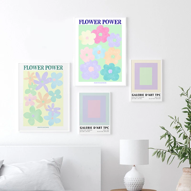 

Flower Power Mid Century Modern Poster Print Abstract Pastel Color Block Canvas Painting Wall Art Picture Living Room Home Decor