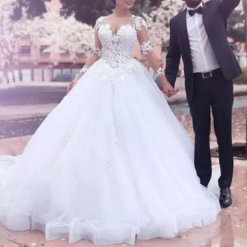 

vestido de noiva Dubai Wedding Dresses Long Sleeve White Arabic Bridal Wedding Gowns Appliques Sheer Sleeves robe de mariee