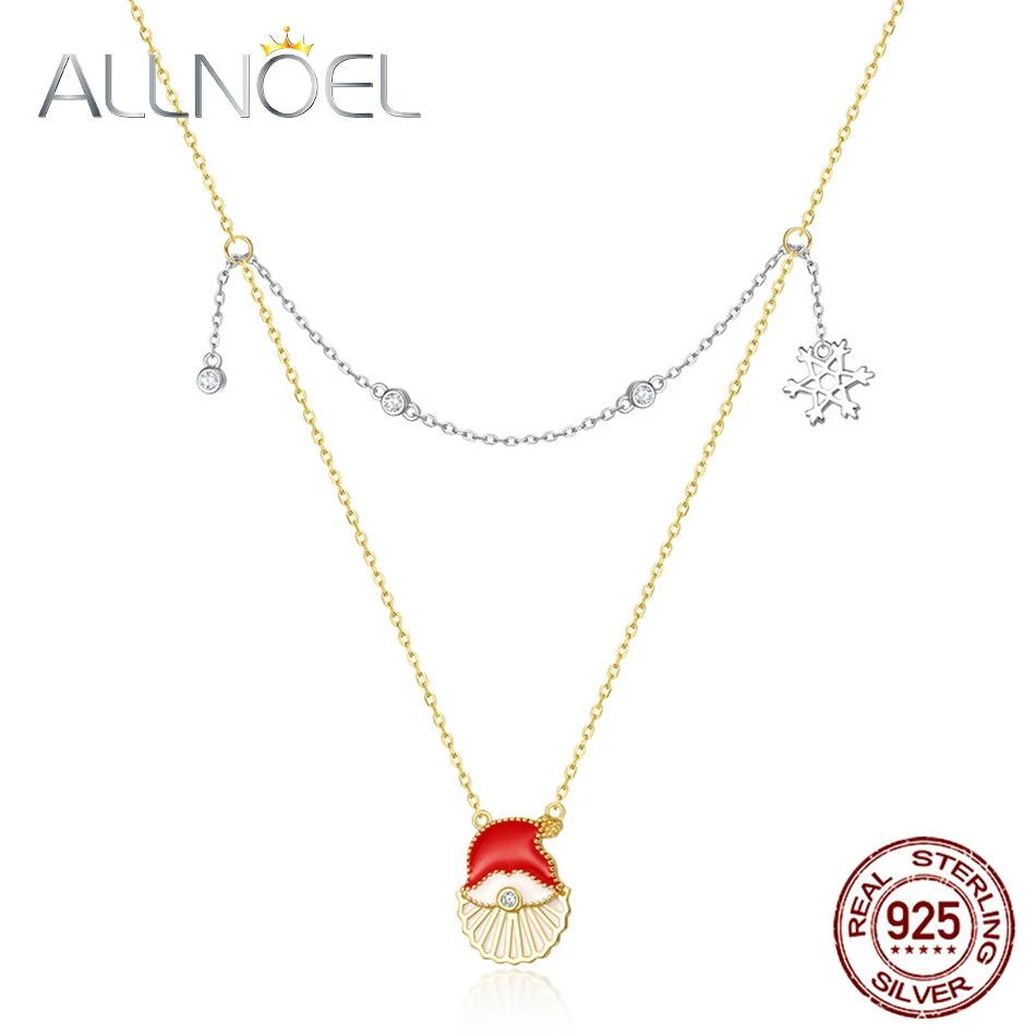 

ALLNOEL 925 Sterling Silver Christmas Necklace For Women Santa Claus Snowflake Necklaces Real Gold Plated Fine Jewelry