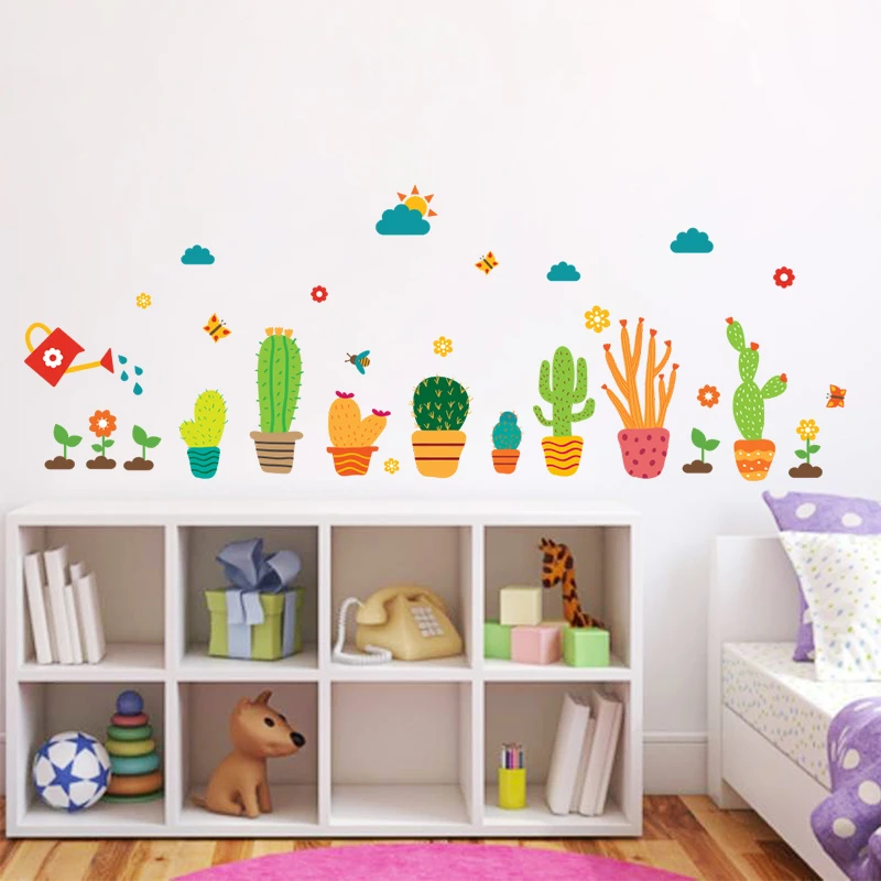 

Cartoon Cactus Flower Pot Wall Art Stickers For Office Shop Baseboard Home Decoration Diy Pastoral Plant Wall Mural Pvc Decals