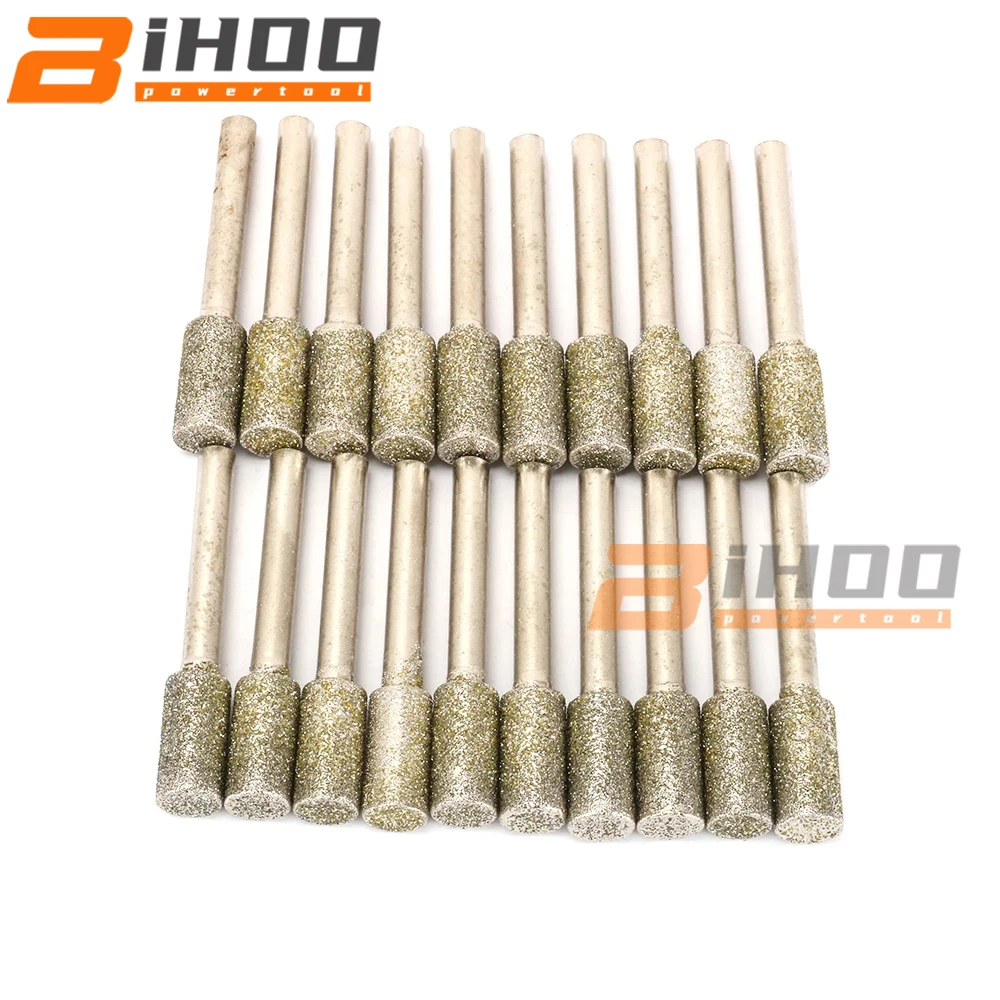 

20PC 8mm Head 6mm Shank Diameter Diamond Coated Head Cylinder Grinding Mounted Point Burrs Bit Set For Rotary Tool Metalworking