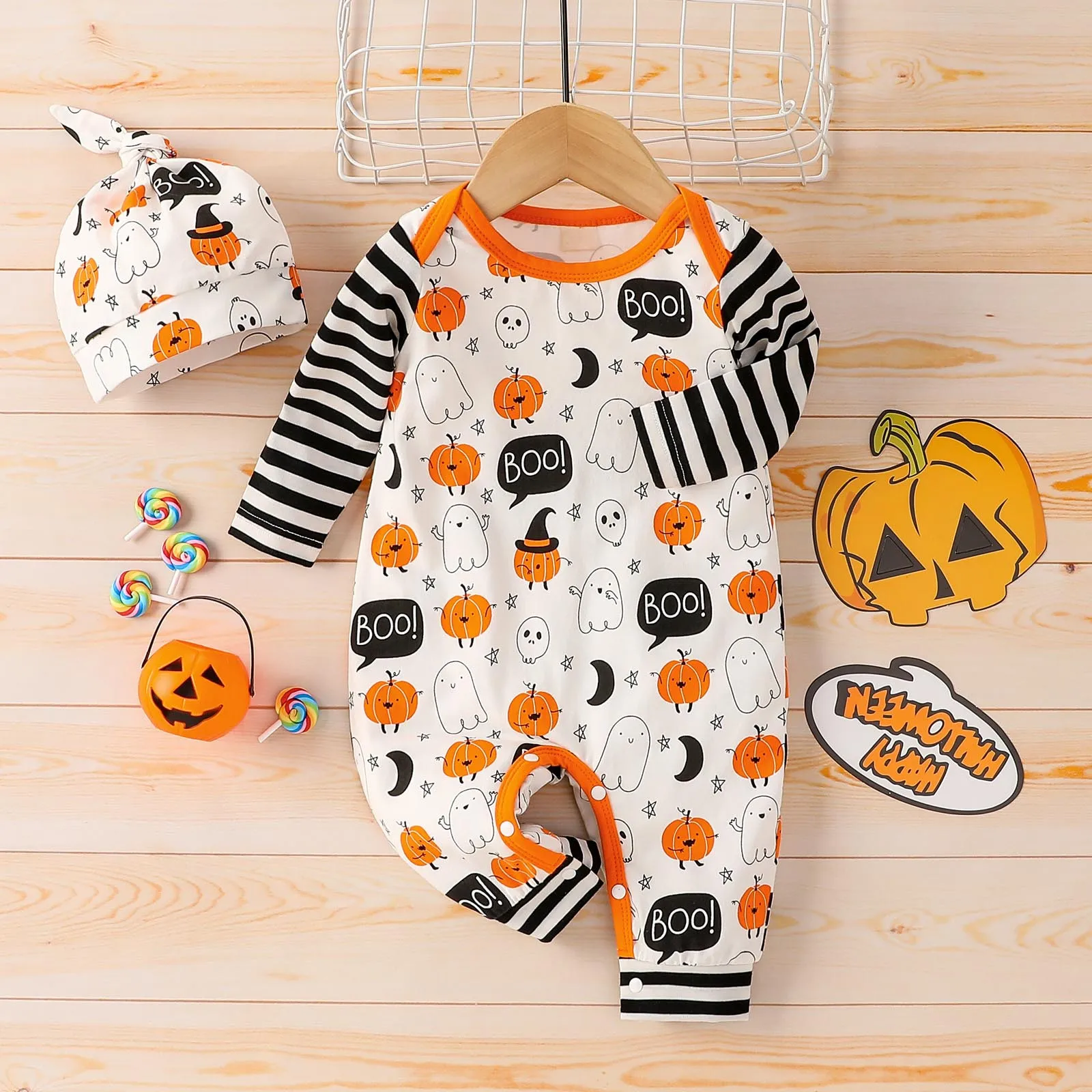 

Newborn Boys Girls Jumpsuit Halloween Pumpkin Striped Trousers Romper With Hat Outfits Baby Clothes одежда для новорождëных Y4