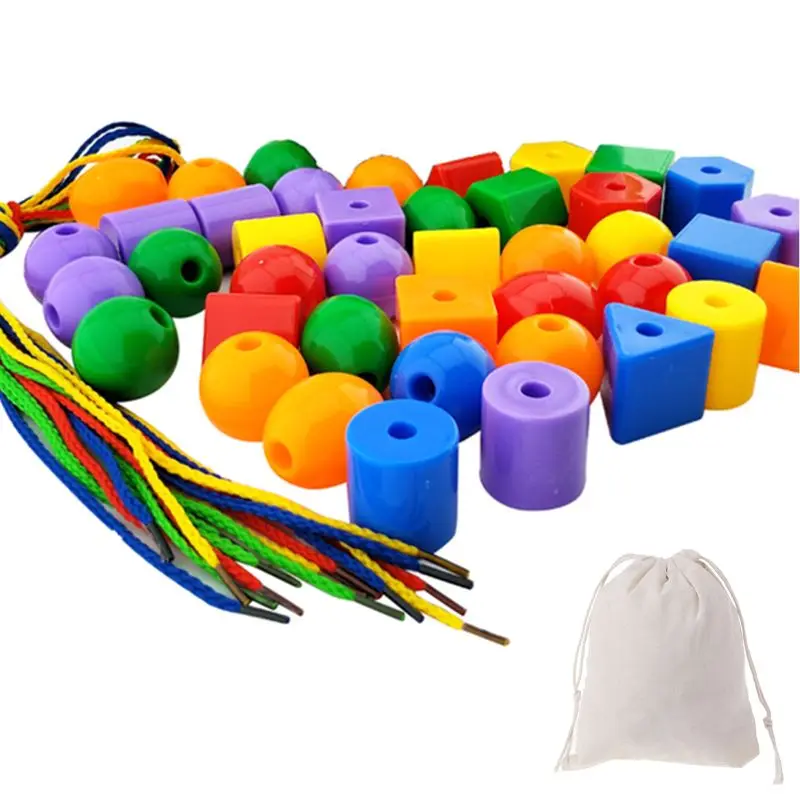 

Preschool Large Lacing Beads for Kids - 50 Stringing Beads with 4 Strings
