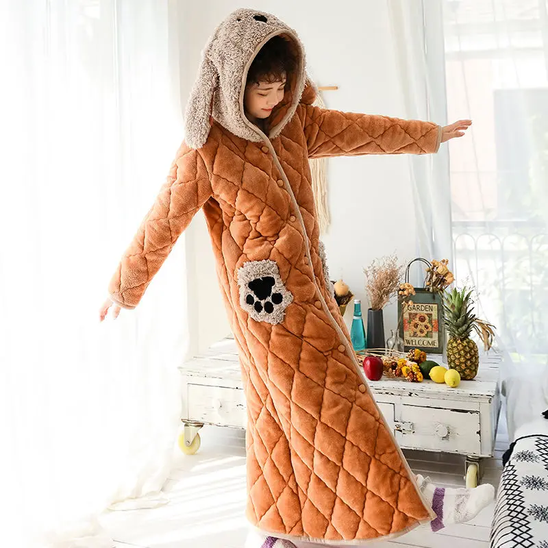 Winter Pajamas Female Thickened Long Models Warm Autumn Winter Bathrobe Cute Three Layers Cotton Sandwich Sleepwear Women Robe