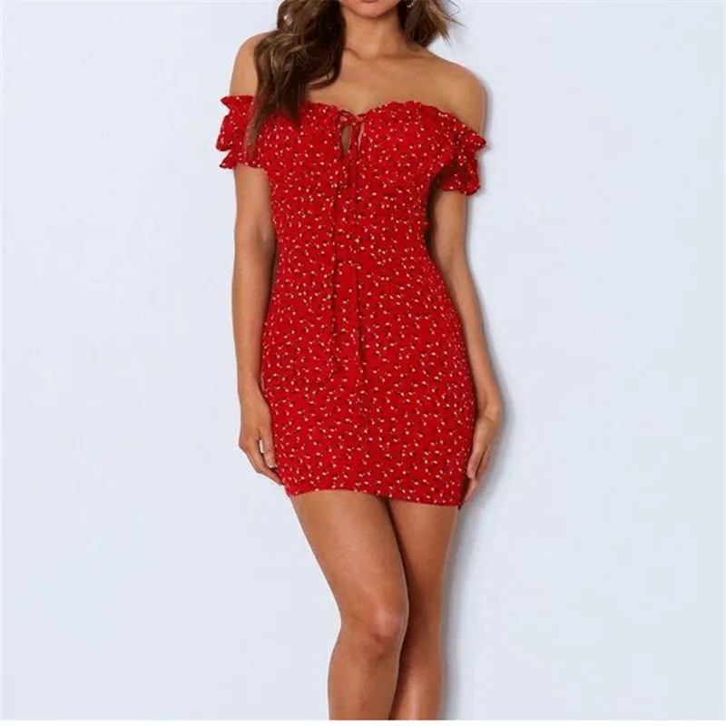 

Off Shoulder Women Floral Wrap Dress Tie Up Front Ruffle Mini Dress Summer Office Lady Slash Neck Printed Pencil Dresses 2021
