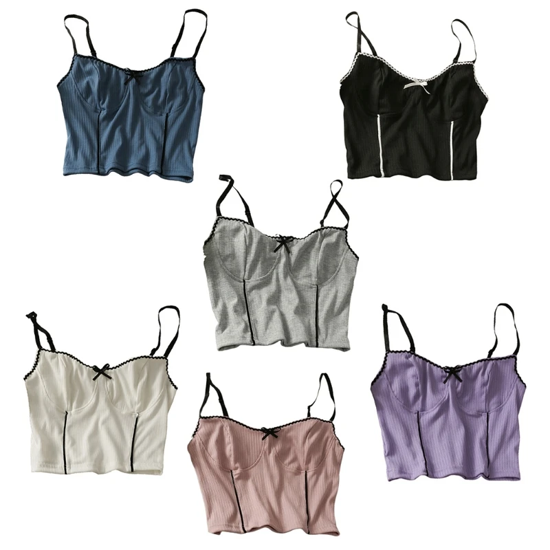 

Women Sweet Bowknot Striped Slim Camisole Sexy Deep V-Neck Spaghetti Strap Crop Top Ribbed Basic Sling Vest Underwear