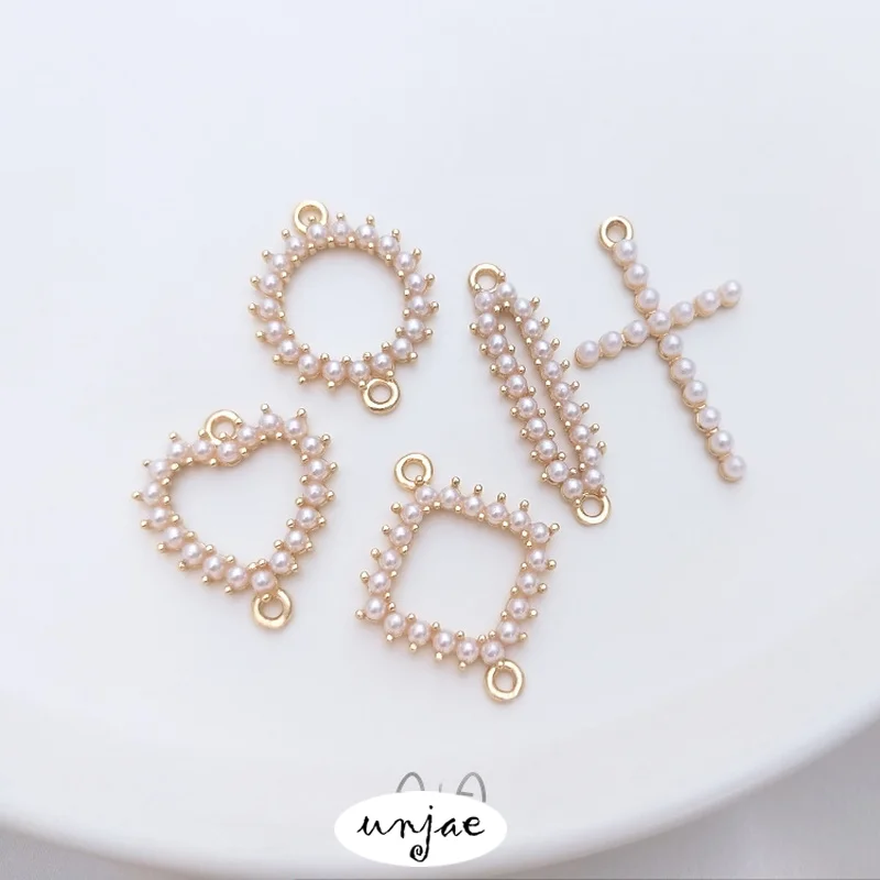 

Custom color preserving 14K gold inlaid pearl heart shaped diamond round double hanging accessories DIY Bracelet Earring Pendant