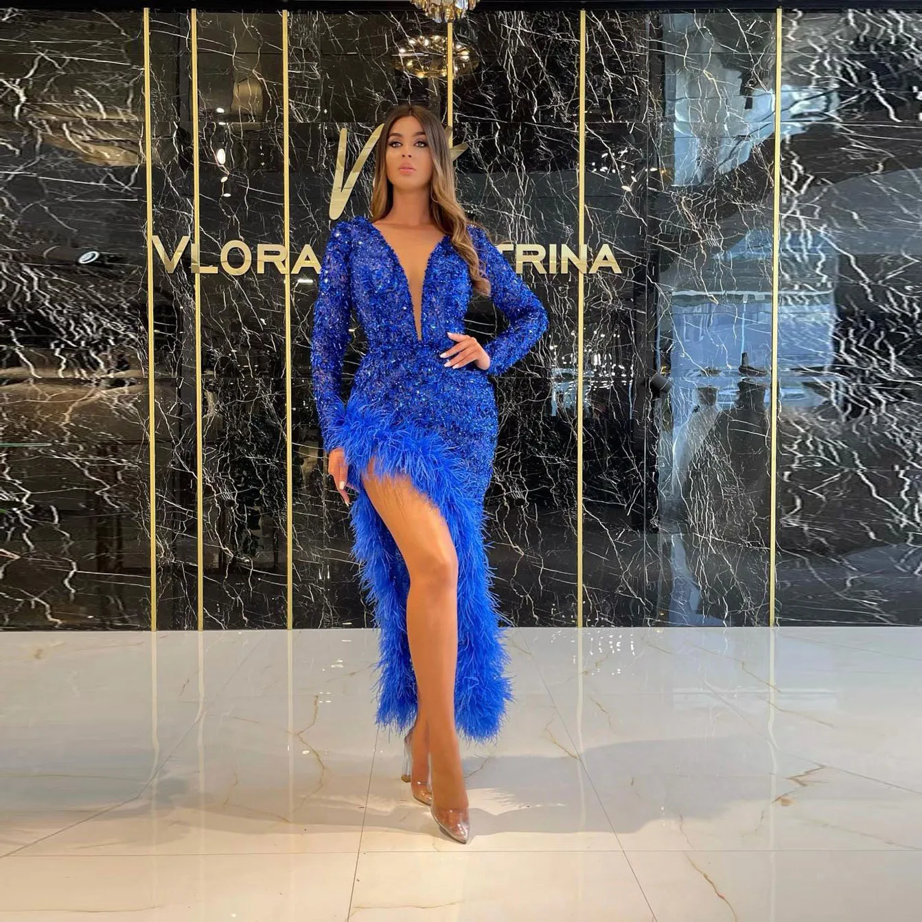 

Женское платье с блестками, сексуальное платье знаменитости с глубоким V-образным вырезом, платье для выпускного вечера в стиле Саудовской ...