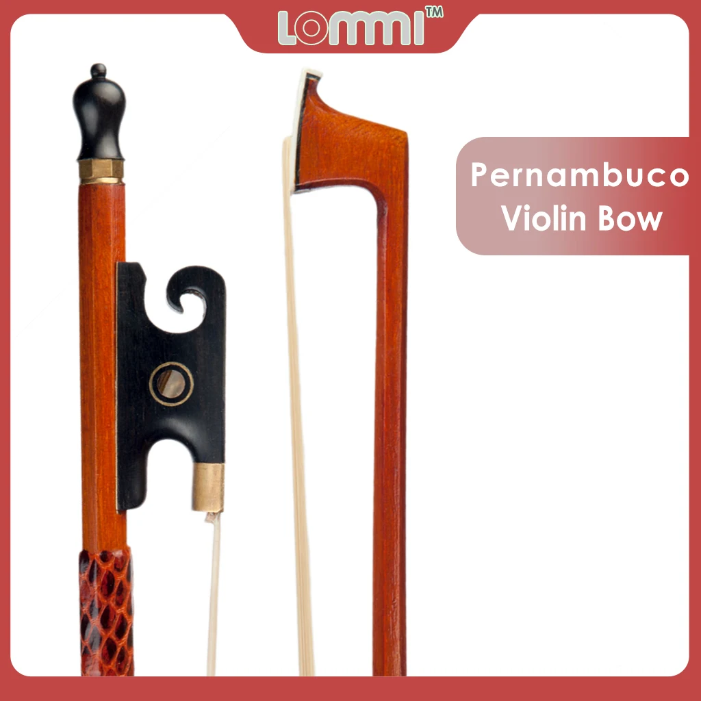 LOMMI Master 4/4 Violin Bow Pernambuco Fiddle Bow Snail Shape with Black Ox Horn Frog Octagonal Stick Snake Skin Grip