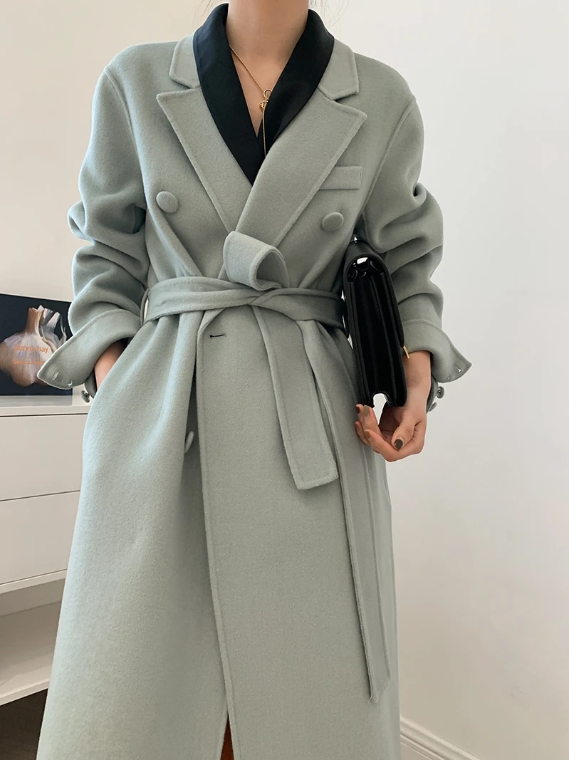 

2021 Ladies Winter New Double-breasted Real Wool Cashmere Jacket Belted Notched Collar Long Coat Thick Outwear