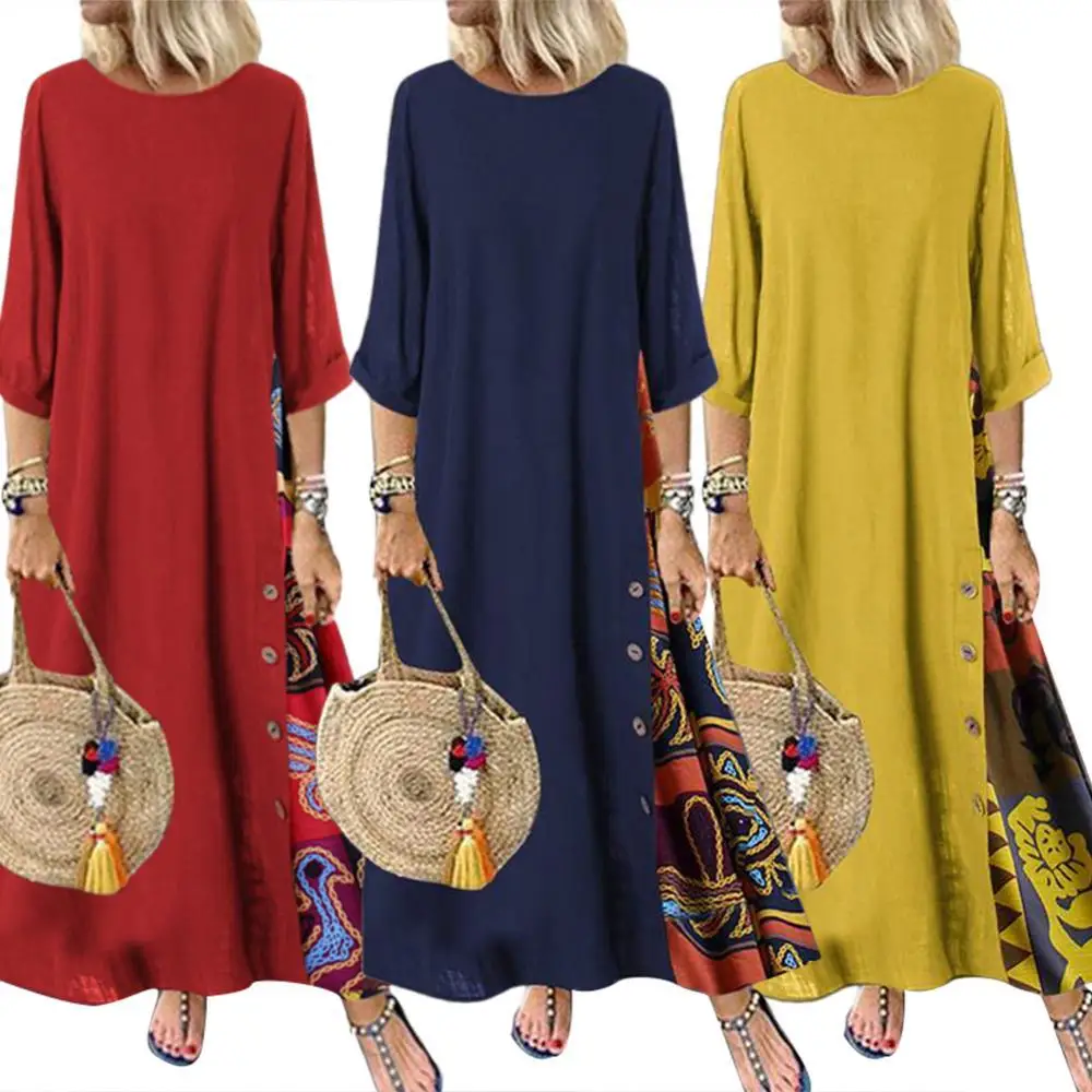

Plus Size Women Sundress Vintage O-Neck Long Maxi Dress 3/4 Sleeve Side Buttons Printed Beach Dress Boho Dresses Vestidos Robe