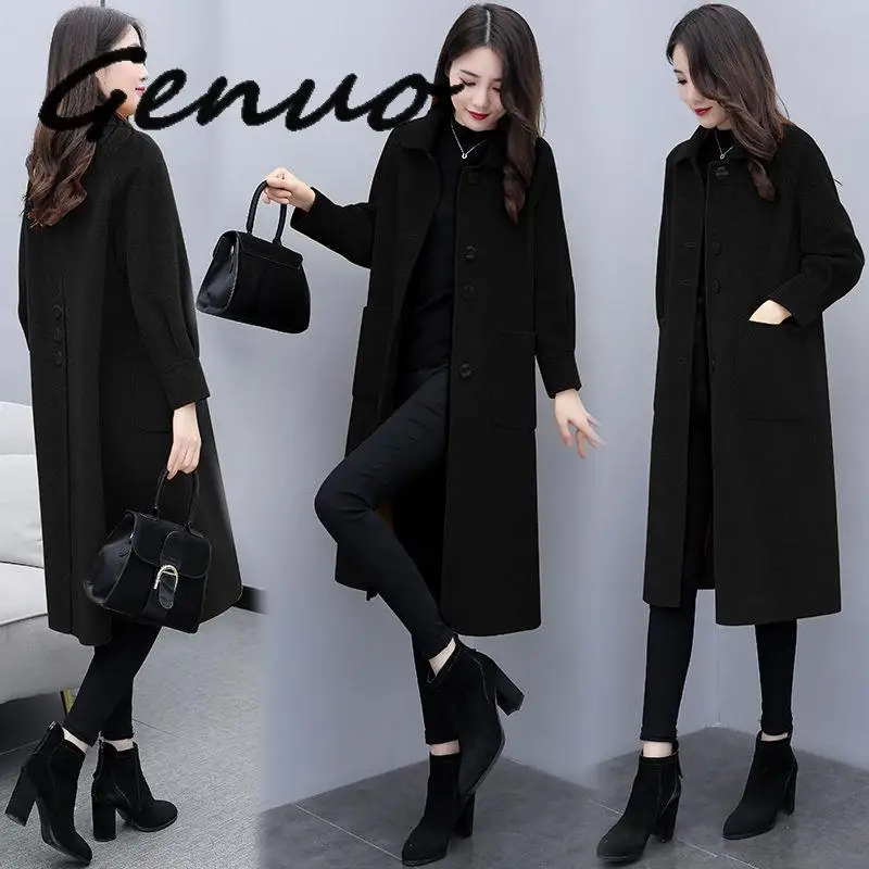 

Genuo Women Wool Coat New 2020 Autumn Winter Slim Korean Style Turn Down Collar Medium Long Woolen Coats Ladies Yellow Outerwear