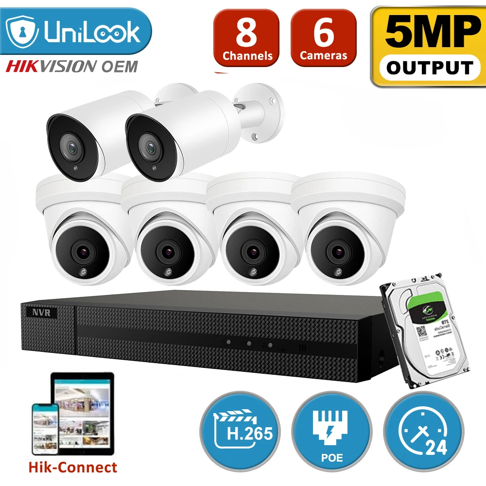 UniLook 8CH NVR 6 шт. 5MP купольная цилиндрическая IP камера POE Kit Система безопасности