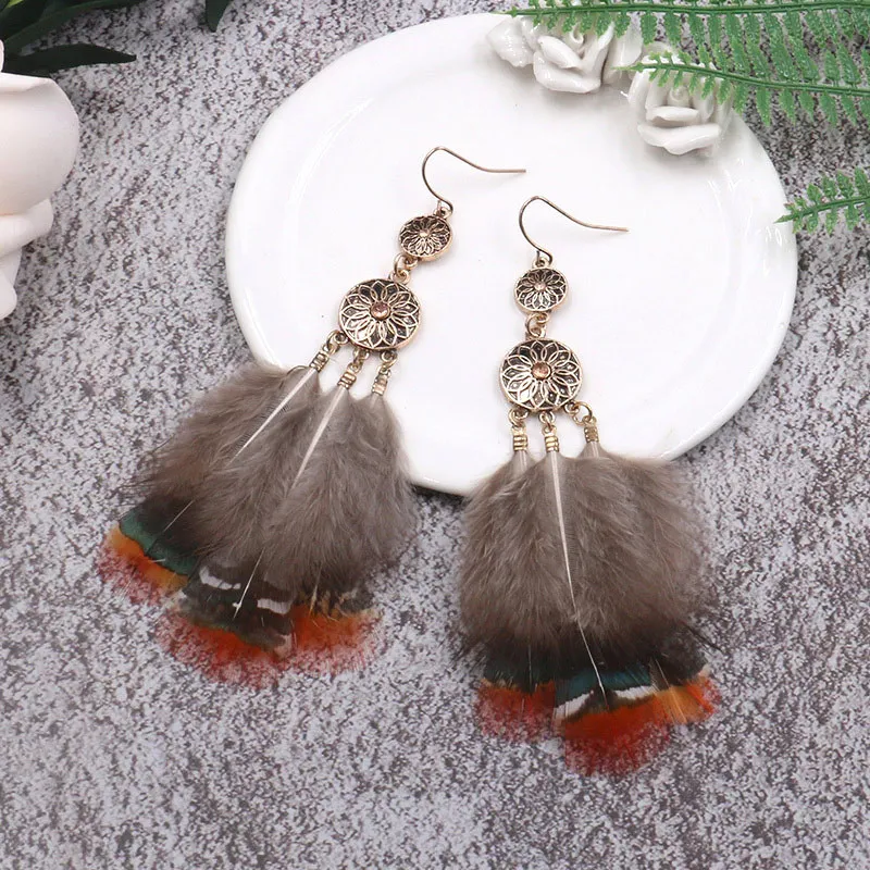 

European and American woman earing New Fashion Retro Feather Long Earring Geometric Multi-layer Round Pendant