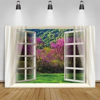 laeacco window view room spring green tree grassland scenic curtain poster pattern backdrop for photography photo background