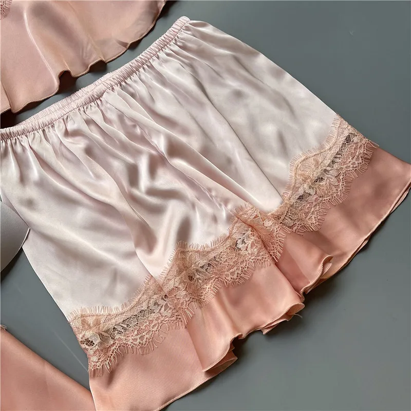 

Summer Pajamas Women Chest Pad Nightgown Strap Silk Nightdress 4 Pcs Set Tops Long Sleeve Pijama Mujer Sexy Lingerie