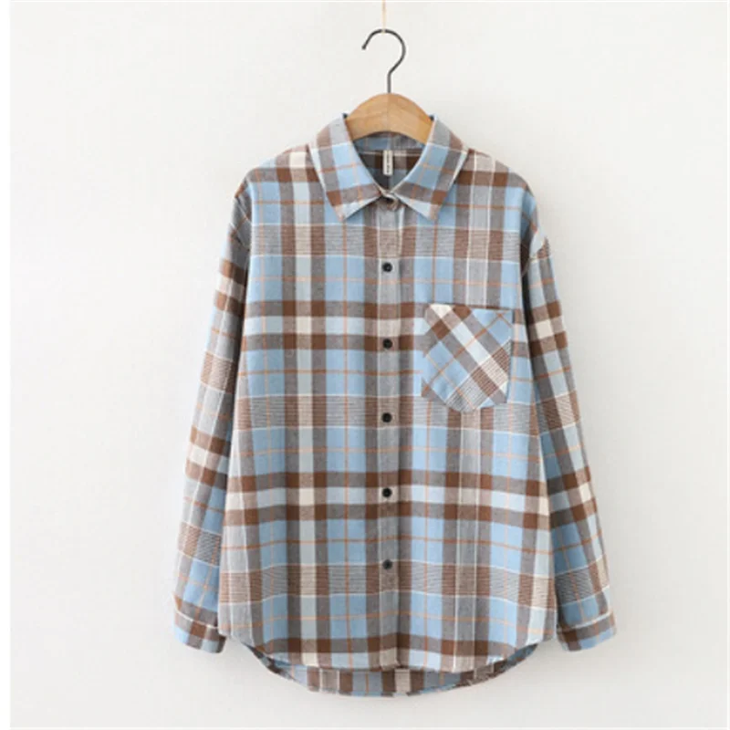 

Женская рубашка в клетку, Корейская рубашка с длинным рукавом и воротником, повседневная куртка в стиле ретро, 2021