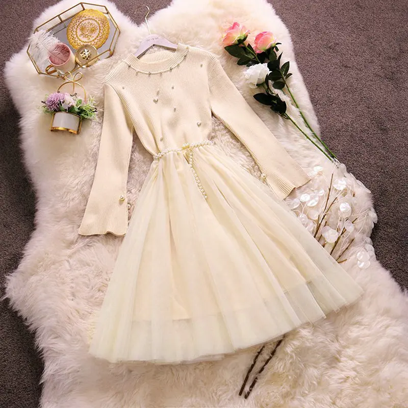 HISUMA весеннее Новое Женское вязаное платье феи с круглым вырезом и бусинами