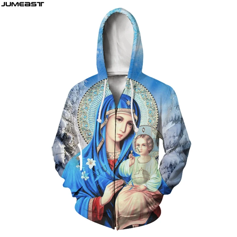 

Jumeast, мужская и женская, католическая, Дева Мария, Иисус, куртка с длинным рукавом, спортивный пуловер, весенняя, на молнии, с 3D принтом