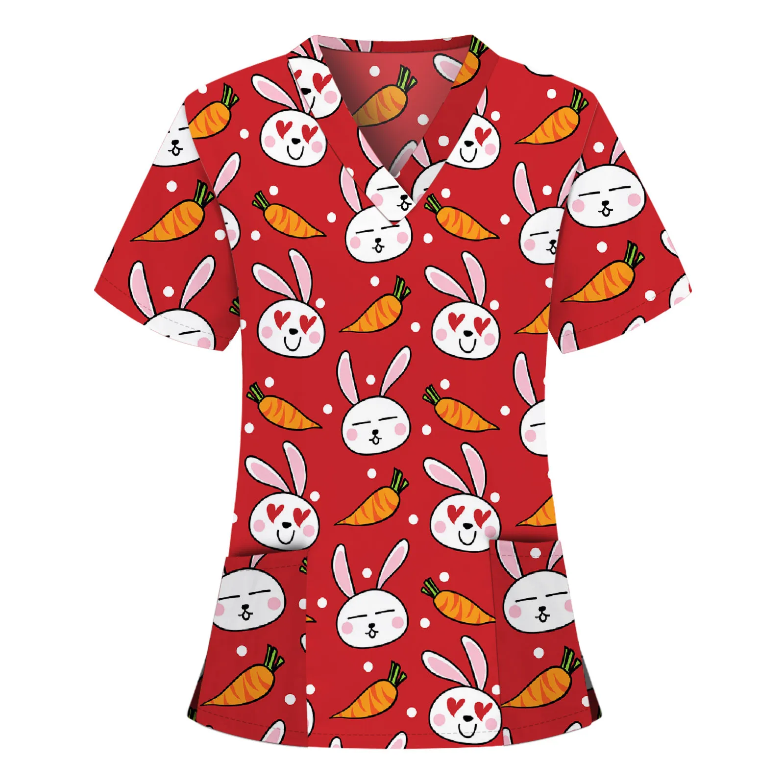 

New style ladies casual rabbit animal cute print Easter casual short-sleeved V-neck work top for carers, dentists, pet shops F4*